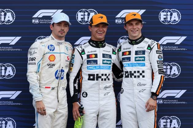 l-r: zweiter Startplatz beim Rennen, Charles Leclerc (Scuderia Ferrari HP), Winner des Qualifying, Lando Norris (McLaren Formula 1 Team), Pole-Position, dritter Startplatz beim rennen, Oscar Piastri (McLaren Formula 1 Team), Qualifying, Grosser Preis von Monaco, Motorsport, Herren, Formel 1, 24.05.2025 Monte Carlo Monaco MCO