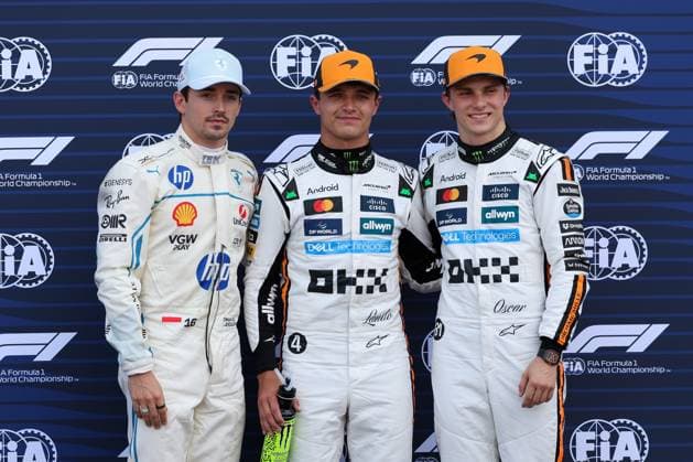 l-r: zweiter Startplatz beim Rennen, Charles Leclerc (Scuderia Ferrari HP), Winner des Qualifying, Lando Norris (McLaren Formula 1 Team), Pole-Position, dritter Startplatz beim rennen, Oscar Piastri (McLaren Formula 1 Team), Qualifying, Grosser Preis von Monaco, Motorsport, Herren, Formel 1, 24.05.2025 Monte Carlo Monaco MCO