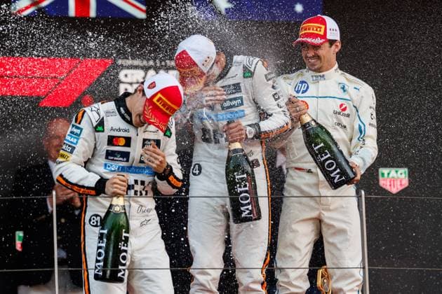 Podium mit Charles Leclerc (Scuderia Ferrari HP, 16), Lando Norris (McLaren Formula 1 Team, 04), Oscar Piastri (McLaren Formula 1 Team, 81) und Champagnerdusche, Grosser Preis von Monaco, Motorsport, Formel 1, Saison 2025, 25.05.2025 Grosser Preis von Monaco, Motorsport, Formel 1, Saison 2025, 25.05.2025 Copyright: xEibner-Pressefoto AlexanderxNeisx EP_ANS