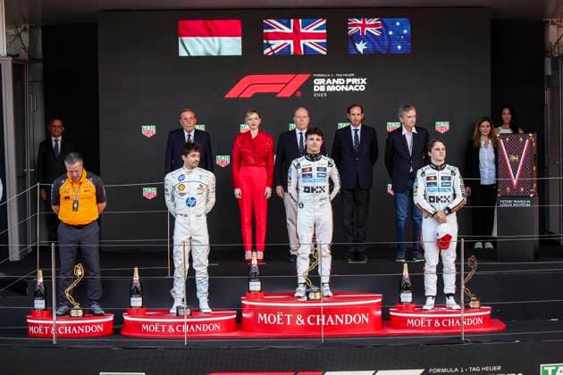 F1 - MONACO GRAND PRIX 2025 PIASTRI Oscar (aus), McLaren F1 Team MCL39, portrait NORRIS Lando (gbr), McLaren F1 Team MCL39, portrait BROWN Zak (usa), CEO of of McLaren Racing, portrait Albert II, Prince of Monaco, Charlene, Princess of Monaco podium during the Formula 1 Tag Heuer Grand Prix de Monaco, 8th round of the 2025 FIA Formula One World Championship, WM, Weltmeisterschaft from May 23 to 25, 2025 on the Circuit de Monaco, in Monte-Carlo, Monaco - Monte-CarloMonaco Copyright: xXavixBonillax