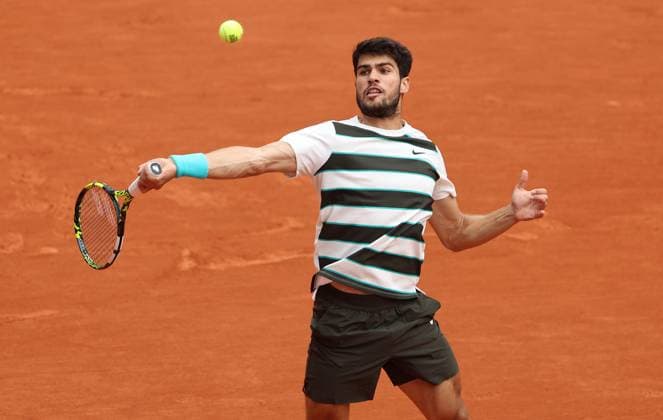 Carlos Alcaraz of Spain in action French Open Tennis, Day Two, Tennis, Roland Garros, Paris, France - 26 May 2025 EDITORIAL USE ONLY No use with unauthorised audio, video, data, fixture lists, club league logos or live services. Online in-match use limited to 120 images, no video emulation. No use in betting, games or single club league player publications. Copyright: xEllaxLing Shutterstockx 15318997e