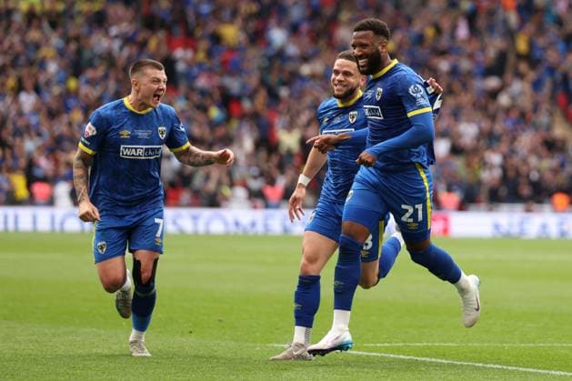 Myles Hippolyte of AFC Wimbledon scores to make it 1-0 and celebrates AFC Wimbledon v Walsall, EFL Sky Bet League Two, Play-Off Final, Football, Wembley Stadium, London, UK - 26 May 2025 EDITORIAL USE ONLY No use with unauthorised audio, video, data, fixture lists, club league logos or live services. Online in-match use limited to 120 images, no video emulation. No use in betting, games or single club league player publications. Copyright: xRyanxBrowne Shutterstockx 15316460ao