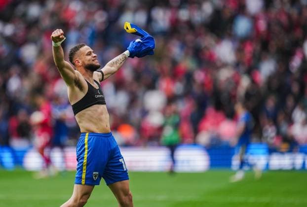 Marcus Browne of AFC Wimbledon celebrates on the final whistle AFC Wimbledon v Walsall, EFL Sky Bet League Two, Play-Off Final, Football, Wembley Stadium, London, UK - 26 May 2025 EDITORIAL USE ONLY No use with unauthorised audio, video, data, fixture lists, club league logos or live services. Online in-match use limited to 120 images, no video emulation. No use in betting, games or single club league player publications. Copyright: xJoexToth Shutterstockx 15316459cd