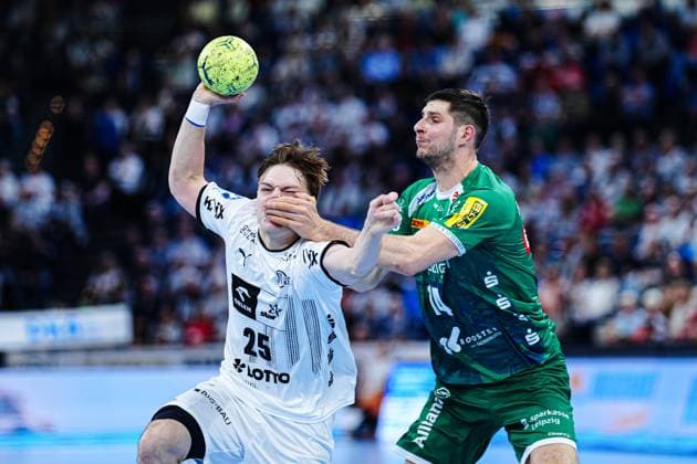 Linus Kutz (THW Kiel, 25), Marko Mamic (SC DHfK Leipzig, 14) GER, THW Kiel vs. SC DHfK Leipzig, Handball, Bundesliga, Spieltag, 31, Saison 2024 2025, 28.05.2025 GER, THW Kiel vs. SC DHfK Leipzig, Handball, Bundesliga, Spieltag, 31, Saison 2024 2025, 28.05.2025 Kiel Copyright: xEibner-Pressefoto MarcelxvonxFehrnx EP_MFN