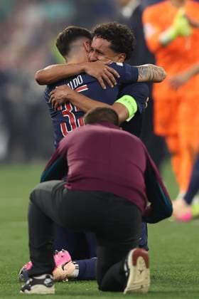 Marquinhos of PSG celebrates at the end of the match Paris Saint-Germain v Inter Milan, UEFA Champions League Final, Football, Allianz Arena, Munich, Germany - 31 May 2025 EDITORIAL USE ONLY No use with unauthorised audio, video, data, fixture lists, club league logos or live services. Online in-match use limited to 120 images, no video emulation. No use in betting, games or single club league player publications. Copyright: xAhmadxMora Shutterstockx 15330932an