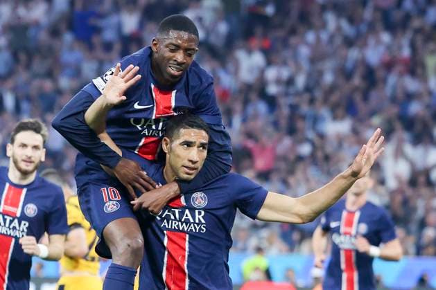 Achraf Hakimi (Paris Saint-Germain) bejubelt seinen Treffer zum 1:0 mit Ousmane Dembele (Paris Saint-Germain), UEFA Champions League Final 2025, Paris Saint-Germain and FC Internazionale Milano, Allianz Arena am 31. May 2025 in München, Deutschland. (Foto von Marco Steinbrenner DeFodi Images) Achraf Hakimi (Paris Saint-Germain) celebrates after scoring his teams first goal with Ousmane Dembele (Paris Saint-Germain), UEFA Champions League Final 2025, Paris Saint-Germain and FC Internazionale Milano, Munich Football Arena, May 31, 2025 in Munich, Germany. (Photo by Marco Steinbrenner DeFodi Images)