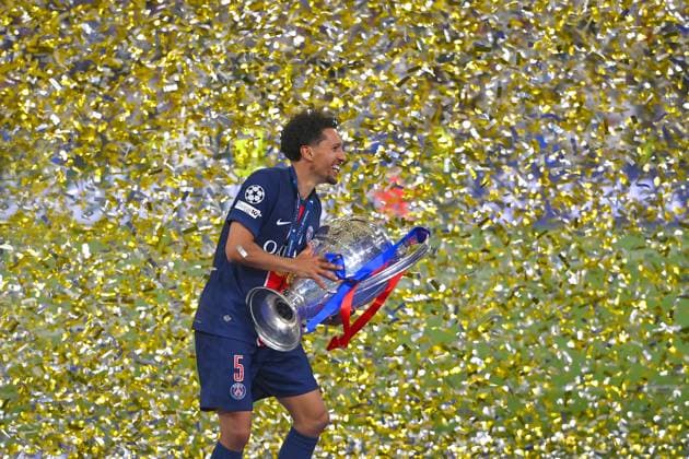 MARQUINHOS (PSG) mit Pokal,Cup,Trophaee,Jubel,Freude,Begeisterung, Siegerehrung,Konfettiregen, Aktion,Einzelbild,angeschnittenes Einzelmotiv,Halbfigur,halbe Figur. Fussball UEFA Champions League Finale Paris Saint-Germain (PSG) - Inter Mailand 5-0, am 31.05.2025 Munich Football Arena,