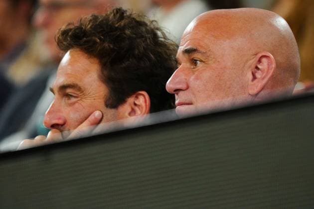 Andre Agassi alongside Justin Gimelstrob French Open Tennis, Day Twelve, Tennis, Roland Garros, Paris, France - 05 Jun 2025 EDITORIAL USE ONLY No use with unauthorised audio, video, data, fixture lists, club league logos or live services. Online in-match use limited to 120 images, no video emulation. No use in betting, games or single club league player publications. Copyright: xJavierxGarcia Shutterstockx 15337995db
