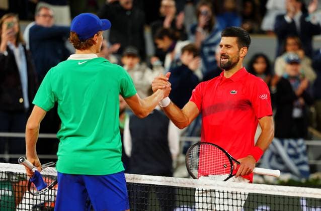 Novak Djokovic shakes hands with Jannik Sinner after losing to him in the semi final French Open Tennis, Day Thirteen, Tennis, Roland Garros, Paris, France - 06 Jun 2025 EDITORIAL USE ONLY No use with unauthorised audio, video, data, fixture lists, club league logos or live services. Online in-match use limited to 120 images, no video emulation. No use in betting, games or single club league player publications. Copyright: xJavierxGarcia Shutterstockx 15338000be