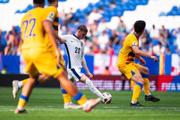 World Cup Qualifiers-Group Stage-Group K-Andorra v England in Cornella, Spain. Cornella, Spain, 7, June, 2025. England national team, Nationalteam player (20) Cole Palmer gets a chance to score during World Cup qualifying match between Andorra and England in RCDE Stadium, Cornella, Spain, on June 7, 2025. Cornella RCDE Stadium Barcelona Spain