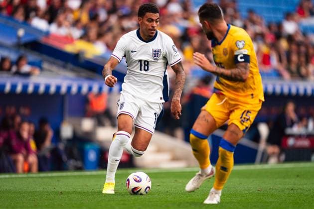 (250608) -- BARCELONA, June 8, 2025 -- Morgan Rogers (L) of England vies with Moises San Nicolas of Andorra during the World Cup European Qualifiers football match between England and Andorra, in RCDE Stadium, Barcelona, Spain, on June 7, 2025. ) (SP)SPAIN-BARCELONA-FOOTBALL FIFA World Cup, WM, Weltmeisterschaft, Fussball QUALIFIER-ENGLAND VS ANDORRA JoanxGosa