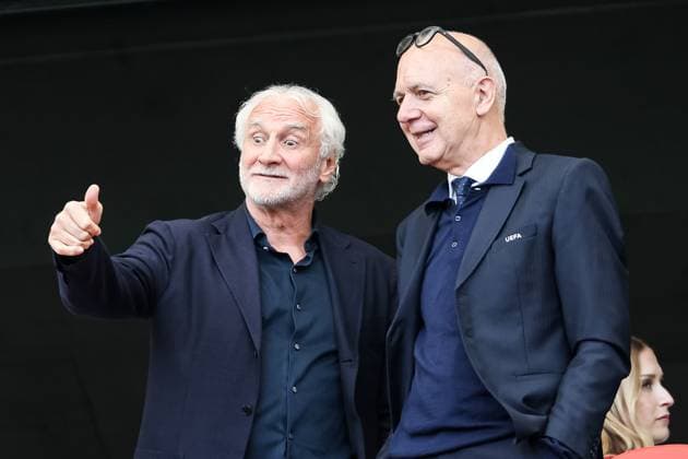 Rudi Voeller und Bernd Neuendorf auf der Tribuene GER, Deutschland vs. Frankreich, Fussball, UEFA, Nations League, Platz3, Spielzeit 2024 2025, 08.06.2025 GER, Deutschland vs. Frankreich, Fussball, UEFA, Nations League, Platz3, Spielzeit 2024 2025, 08.06.2025 Stuttgart Copyright: xEibner-Pressefoto RogerxBuerkex EP_RBE