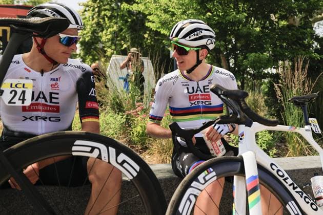 Tadej POGAGAR and Nils POLITT , UAE Team Emirates - XRG, during the presentation team, during the Criterium du Dauphine 2025, Cycling event, Stage 5, Saint-Priest > Macon (183 Km) on 12 June 2025 in Macon, France - during Criterium du Dauphine 2025 - Stage 5, Street Cycling race in France, France, June 12 2025 Copyright: xStefanoxCavasino IPAxSportx xipa-agency.netx xx IPA_58960744 IPA_Agency_IPA58960744