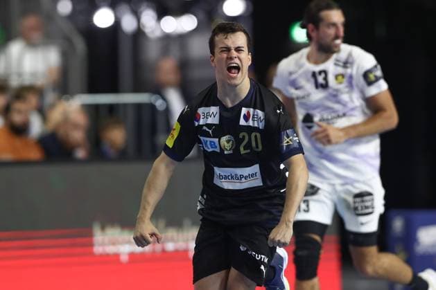 14.06.2025, xtgx, Handball, EHF Champions League Halbfinale 1, Füchse Berlin - HBC Nantes v.l. Tim Freihoefer (Freihöfer, Berlin, 20) Jubel, Torjubel, jubelt ueber das Tor, celebrate the goal, celebration Koeln