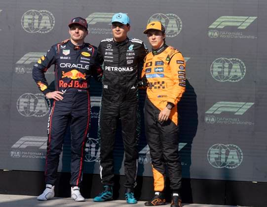 June 14, 2025, Montreal, Qc, CANADA: Mercedes driver George Russell, of the United Kingdom, who won the pole is flanked by second place Red Bull Racing driver Max Verstappen, of the Netherlands, left, and third place McLaren driver Oscar Piastri, of Australia, as they pose for photos after the qualifying session at the Canadian Grand Prix Saturday, June 14, 2025 in Montreal. Canada News - June 14, 2025 - ZUMAc35_ 20250614_zaf_c35_125 Copyright: xChristinnexMuschix