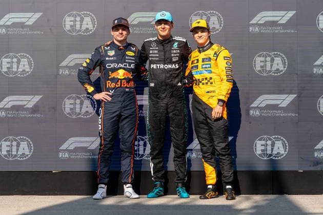 George Russell (Mercedes-AMG Petronas F1 Team, Großbritannien, 63) und Oscar Piastri (McLaren Formula 1 Team, Australien 81) und Max Verstappen (Oracle Red Bull Racing, Niederlande, 01) Qualifying Top 3, CAN, Formel 1 Weltmeisterschaft, Grand Prix von Kanada, Circuit Gilles Villeneuve, Qualifying, Saison 2025, 14.06.2025 CAN, Formel 1 Weltmeisterschaft, Grand Prix von Kanada, Circuit Gilles Villeneuve, Qualifying, Saison 2025, 14.06.2025 Montreal Copyright: xEibner-Pressefoto MarcelxFischerx EP_MFI