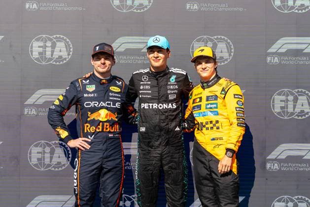 George Russell (Mercedes-AMG Petronas F1 Team, Großbritannien, 63) und Oscar Piastri (McLaren Formula 1 Team, Australien 81) und Max Verstappen (Oracle Red Bull Racing, Niederlande, 01) Qualifying Top 3, CAN, Formel 1 Weltmeisterschaft, Grand Prix von Kanada, Circuit Gilles Villeneuve, Qualifying, Saison 2025, 14.06.2025 CAN, Formel 1 Weltmeisterschaft, Grand Prix von Kanada, Circuit Gilles Villeneuve, Qualifying, Saison 2025, 14.06.2025 Montreal Copyright: xEibner-Pressefoto MarcelxFischerx EP_MFI