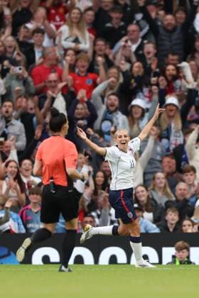 Toni Duggan of England celebrates a goal. England XI v World XI, Soccer Aid for Unicef 2025, Football, Old Trafford, Manchester, UK - 15 Jun 2025 EDITORIAL USE ONLY No use with unauthorised audio, video, data, fixture lists, club league logos or live services. Online in-match use limited to 120 images, no video emulation. No use in betting, games or single club league player publications. Copyright: xRyanxBrowne Shutterstockx 15352333bg
