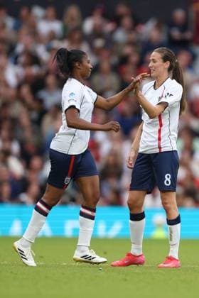 Denise Lewis and Jill Scott of England. England XI v World XI, Soccer Aid for Unicef 2025, Football, Old Trafford, Manchester, UK - 15 Jun 2025 EDITORIAL USE ONLY No use with unauthorised audio, video, data, fixture lists, club league logos or live services. Online in-match use limited to 120 images, no video emulation. No use in betting, games or single club league player publications. Copyright: xRyanxBrowne Shutterstockx 15352333br