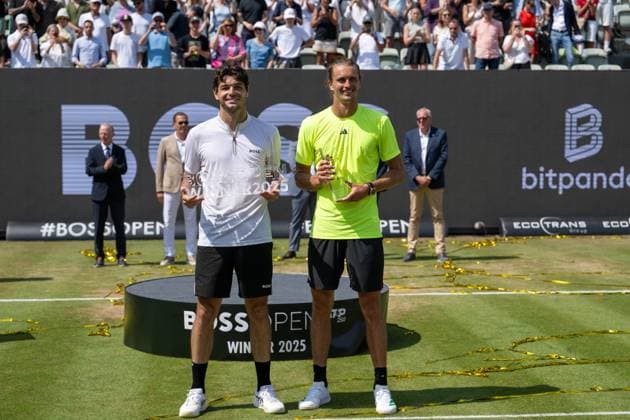 Taylor Fritz (USA) und Alexander Zverev (GER). xettx, Deutschland, Stuttgart, 15.06.2025, Tennis, Boss Open, 2025, Finale, A. Zverev (GER) - T. Fritz (USA), TC Weissenhof, Center Court