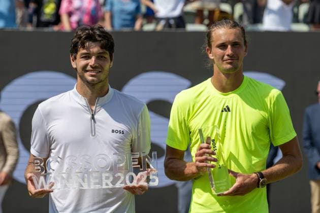 Taylor Fritz (USA) und Alexander Zverev (GER). xettx, Deutschland, Stuttgart, 15.06.2025, Tennis, Boss Open, 2025, Finale, A. Zverev (GER) - T. Fritz (USA), TC Weissenhof, Center Court