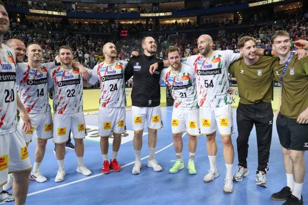 15.06.2025, xgox,Handball, EHF Champions League Finale, Fuechse Berlin - SC Magdeburg v.l. Omar Ingi Magnusson (Magdeburg, 14), Lukas Mertens (Magdeburg, 22), Christian O Sullivan (Magdeburg, 24), Tim Zechel (Magdeburg, 9), Albin Lagergren (Magdeburg, 21), Oscar Bergendahl (Magdeburg, 54) Jubel ueber den Sieg, Jubel nach Spielende Koeln