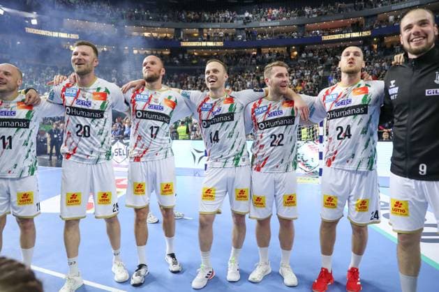 15.06.2025, xgox,Handball, EHF Champions League Finale, Fuechse Berlin - SC Magdeburg v.l. Philipp Weber (Magdeburg, 20), Tim Hornke (Magdeburg, 17), Omar Ingi Magnusson (Magdeburg, 14), Lukas Mertens (Magdeburg, 22), Christian O Sullivan (Magdeburg, 24) Jubel ueber den Sieg, Jubel nach Spielende Koeln