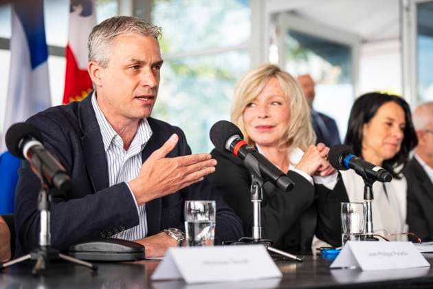 June 17, 2025, Montreal, Pq, CANADA: Jean-Philippe Paradis, president of Formula One Grand Prix, Canada, gives remarks on a Canadian Grand Prix contract extension while accompanied by, from right, Vo ronique Doucet, Caroline Proulx, minister of Tourism of Quebec, and Montreal mayor Valo rie Plante, during a press conference, PK, Pressekonferenz in Montreal on Tuesday, June 17, 2025. Canada News - June 17, 2025 - ZUMAc35_ 20250617_zaf_c35_011 Copyright: xChristopherxKatsarovx