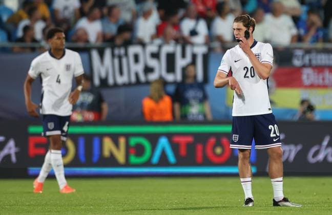 Alex Scott of England Under 21 shows a look of dejection after Ansgar Knauff of Germany Under 21 scores a goal to make the score 0-1 England U21, U 21 v Germany U21, UEFA Under 21 European Championship, EM, Europameisterschaft 2025, Group B, Football, Nitra Stadium, Nitra, Slovakia - 18 Jun 2025 EDITORIAL USE ONLY No use with unauthorised audio, video, data, fixture lists, club league logos or live services. Online in-match use limited to 120 images, no video emulation. No use in betting, games or single club league player publications. Copyright: xNikolaxKrstic Shutterstockx 15363358ao
