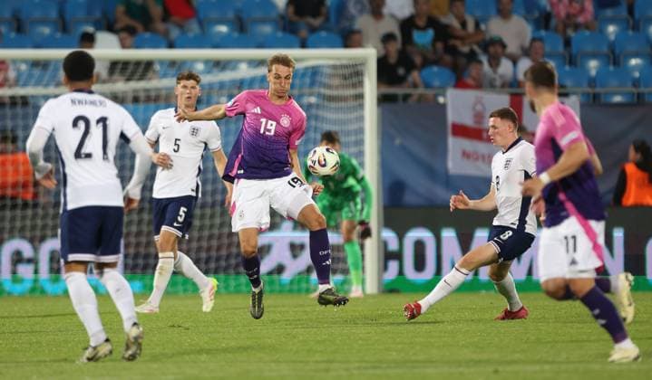 Nelson Weiper of Germany Under 21 England U21, U 21 v Germany U21, UEFA Under 21 European Championship, EM, Europameisterschaft 2025, Group B, Football, Nitra Stadium, Nitra, Slovakia - 18 Jun 2025 EDITORIAL USE ONLY No use with unauthorised audio, video, data, fixture lists, club league logos or live services. Online in-match use limited to 120 images, no video emulation. No use in betting, games or single club league player publications. Copyright: xNikolaxKrstic Shutterstockx 15363358at