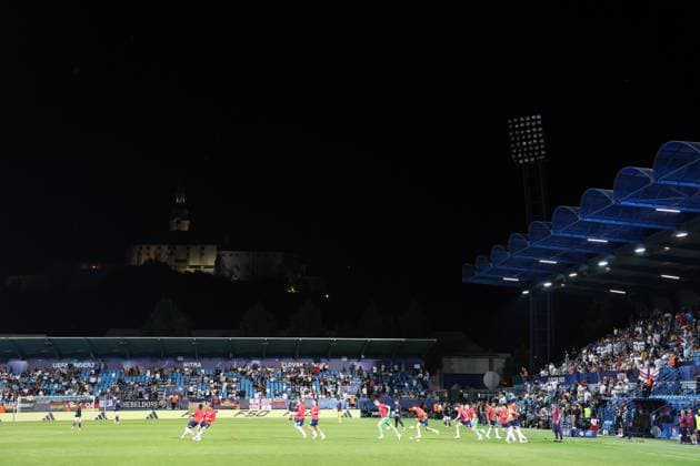 One of the floodlights remains off at half time leading to a delay in the game England U21, U 21 v Germany U21, UEFA Under 21 European Championship, EM, Europameisterschaft 2025, Group B, Football, Nitra Stadium, Nitra, Slovakia - 18 Jun 2025 EDITORIAL USE ONLY No use with unauthorised audio, video, data, fixture lists, club league logos or live services. Online in-match use limited to 120 images, no video emulation. No use in betting, games or single club league player publications. Copyright: xNikolaxKrstic Shutterstockx 15363358cr