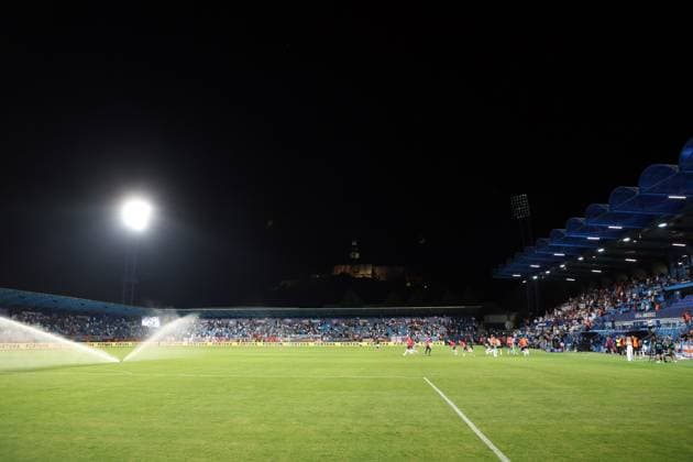 One of the floodlights remains off at half time leading to a delay in the game England U21, U 21 v Germany U21, UEFA Under 21 European Championship, EM, Europameisterschaft 2025, Group B, Football, Nitra Stadium, Nitra, Slovakia - 18 Jun 2025 EDITORIAL USE ONLY No use with unauthorised audio, video, data, fixture lists, club league logos or live services. Online in-match use limited to 120 images, no video emulation. No use in betting, games or single club league player publications. Copyright: xNikolaxKrstic Shutterstockx 15363358cp