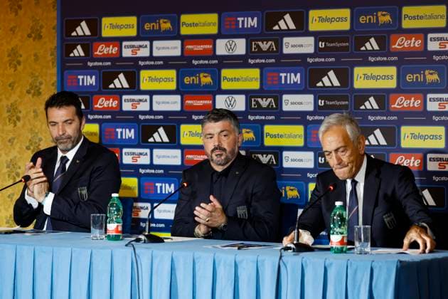 June 19, 2025, Rome, ITALY: (L-R) national team, Nationalteam s Head of the Delegation Gianluigi Buffon, Italy s national head coach Gennaro Gattuso and President of the FIGC Gabriele Gravina attend a press conference, PK, Pressekonferenz during Gattuso s official presentation, Rome, Italy, 19 June 2025. ANSA FABIO FRUSTACI. Gennaro Gattuso Presented As New Italy Head Coach - ZUMAa110 20250619_zaf_a110_019 Copyright: xFabioxFrustacix