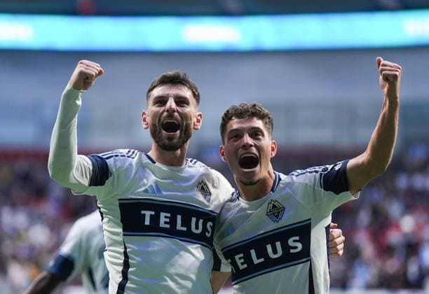 May 3, 2025, Vancouver, Bc, CANADA: Vancouver Whitecaps Tristan Blackmon, left, and Sebastian Berhalter celebrate Blackmon s goal against Real Salt Lake during the second half of an MLS, Fussball Herren, USA soccer match in Vancouver, on Saturday, May 3, 2025. Canada News - May 3, 2025 - ZUMAc35_ 20250503_zaf_c35_184 Copyright: xDarrylxDyckx