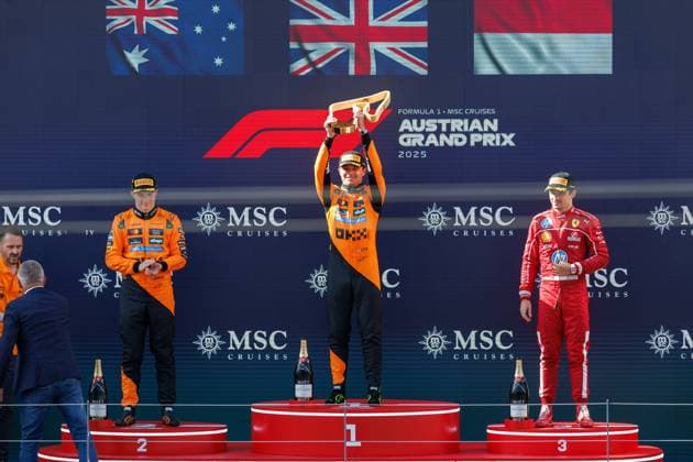 Oscar Piastri (McLaren Formula 1 Team, 81), Lando Norris (McLaren Formula 1 Team, 04), Charles Leclerc (Scuderia Ferrari HP, 16), Grosser Preis von Oesterreich, Motorsport, Formel 1, Saison 2025, 29.06.2025 Grosser Preis von Oesterreich, Motorsport, Formel 1, Saison 2025, 29.06.2025 Copyright: xEibner-Pressefoto AlexanderxNeisx EP_ANS