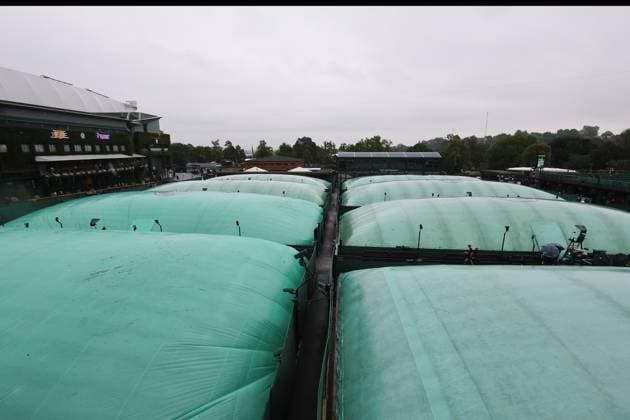 2nd July 2025; All England Lawn Tennis and Croquet Club, London, England; Wimbledon Tennis Tournament, Day 3; Heavy rain pours down at Wimbledon on day three as courts 4, 5, 6, ,7, 8, 9, 10 and 11 are covered ActionPlus12807823 JohnxPatrickxFletcher