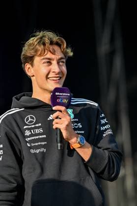Formula 1 Launch Event, Drivers Silverstone, UK, 03 July, 2025. 03 July 2025. George Russell, Mercedes, on the ebay Main Stage for the Launch Event at the Formula 1 Qatar Airways British Grand Prix at Silverstone, Northamptonshire, UK., Credit:Lee Floyd Avalon UK, Northamptonshire, Silverstone Copyright: xLeexFloydx xAvalonx 1018158510