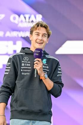 Formula 1 Launch Event, Drivers Silverstone, UK, 03 July, 2025. 03 July 2025. George Russell, Mercedes, on the ebay Main Stage for the Launch Event at the Formula 1 Qatar Airways British Grand Prix at Silverstone, Northamptonshire, UK., Credit:Lee Floyd Avalon UK, Northamptonshire, Silverstone Copyright: xLeexFloydx xAvalonx 1018158584