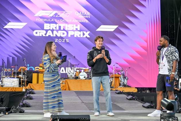 Formula 1 Launch Event, Drivers Silverstone, UK, 03 July, 2025. 03 July 2025. George Russell, Mercedes, on the ebay Main Stage for the Launch Event at the Formula 1 Qatar Airways British Grand Prix at Silverstone, Northamptonshire, UK., Credit:Lee Floyd Avalon UK, Northamptonshire, Silverstone Copyright: xLeexFloydx xAvalonx 1018158600