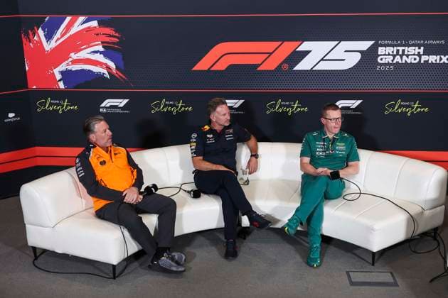 F1 - BRITISH GRAND PRIX 2025 HORNER Christian (gbr), Team Principal of Red Bull Racing, portrait BROWN Zak (usa), CEO of of McLaren Racing, portrait COWELL Andy (gbr), Team Principal and CEO of Aston Martin F1 Team, portrait press conference, PK, Pressekonferenz during the Formula 1 Qatar Airways British Grand Prix 2025, 12th round of the 2025 FIA Formula One World Championship, WM, Weltmeisterschaft from July 4 to 6, 2025 on the Silverstone Circuit, in Silverstone, United Kingdom - SilverstoneUnited Kingdom Copyright: xEricxAlonsox
