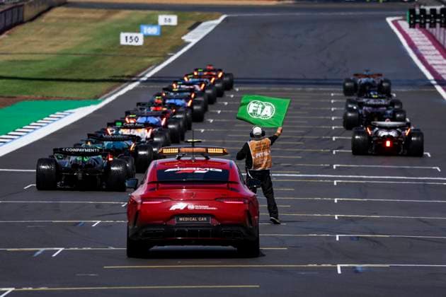 F1 - BRITISH GRAND PRIX 2025 start of the race, depart, starting grid FIA Mercedes-AMG GT 63 S 4MATIC+ Medical Car marshall, commissaire de piste, marshal, marshalls, marshals during the Formula 1 Qatar Airways British Grand Prix 2025, 12th round of the 2025 FIA Formula One World Championship, WM, Weltmeisterschaft from July 4 to 6, 2025 on the Silverstone Circuit, in Silverstone, United Kingdom - SilverstoneUnited Kingdom Copyright: xFLORENTxGOODENx