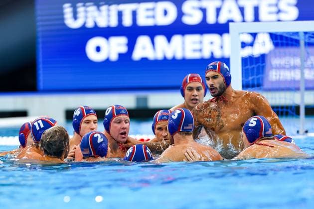 Nicolas Saveljic of USA, u100 , Ryan Ohl of USA, Jack Larsen of USA, Marko Vavic of USA Canada v United States, Water polo, Wasserball Singapore 2025 World Aquatics Championships, OCBC Aquatic Centre, July 12, 2025, Singapore, Singapore.