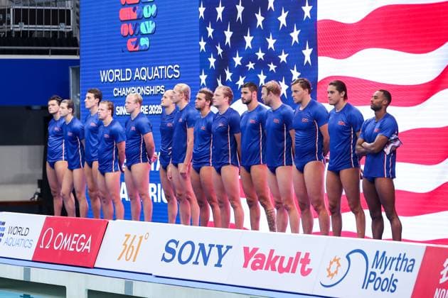 Adrian Weinberg of USA, Jack Larsen of USA, Marko Vavic of USA, Nicolas Saveljic of USA, Hannes Daube of USA, u6 , Dylan Woodhead of USA, Jake Ehrhardt of USA, Chase Dodd of USA, Ryder Dodd of USA, Max Irving of USA, Bernardo Herzer of USA, Ryan Ohl of USA, Dominic Brown of USA Canada v United States, Water polo, Wasserball Singapore 2025 World Aquatics Championships, OCBC Aquatic Centre, July 12, 2025, Singapore, Singapore.