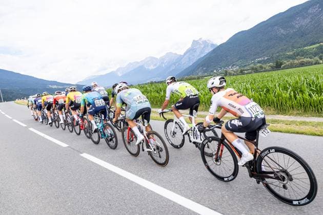 12.07.2025, Kühtai, AUT, Tour of Austria 2025, Etappe 4 von Innsbruck nach Kühtai (117,1 km), im Bild Nicolas Ginter (SUI, TIROL KTM CYCLING TEAM), Tobias Nolde (GER, BENOTTI BERTHOLD), Mateusz Kostanski (POL, VOSTER ATS TEAM), Daniil Marukhin (KAZ, XDS ASTANA TEAM) bei Kematen Nicolas Ginter (SUI, TIROL KTM CYCLING TEAM), Tobias Nolde (GER, BENOTTI BERTHOLD), Mateusz Kostanski (POL, VOSTER ATS TEAM), Daniil Marukhin (KAZ, XDS ASTANA TEAM) bei Kematen during the stage 4 from Innsbruck to Kühtai (117,1 km) of the Tour of Austria. Kühtai, Austria on 2025 07 12. Expa Kühtai