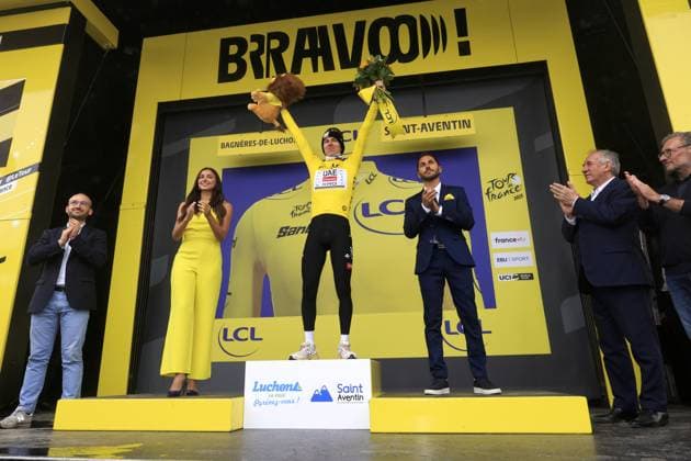 Tadej POGACAR, UAE Team Emirates - XRG, during the award ceremony, yellow jersey, during the Tour de France 2025, UCI WorldTour cycling event, Stage 14, Pau - Luchon-Superbagneres (182,6 Km) on 19 July 2025 in Saint-Aventin, France during Tour de France 2025 - Stage 14, Tour De France race in France, France, July 19 2025 Copyright: xStefanoxCavasino IPAxSportx xipa-agency.netx xx IPA_60603538 IPA_Agency_IPA60603538