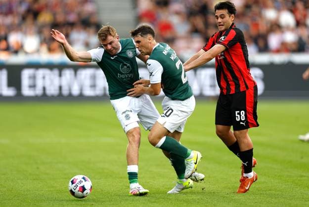 Chris Cadden and Josh Mulligan of Hibernian in action with Aral Simsir of FC Midtjylland Midtjylland v Hibernian, UEFA Europa League, 2nd Qualifying Round, First Leg, Football, MCH Arena, Herning, Denmark - 24 Jul 2025Herning MCH Arena Denmark EDITORIAL USE ONLY No use with unauthorised audio, video, data, fixture lists, club league logos or live services. Online in-match use limited to 120 images, no video emulation. No use in betting, games or single club league player publications. Copyright: xJohnnyxPedersen Shutterstockx 15410838w