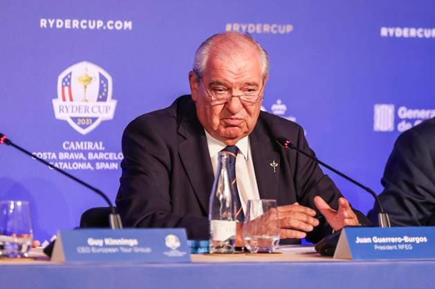 July 25, 2025, Caldes De Malavella, Girona, SPAIN: Juan Guerrero-Burgos, President RFEG and Guy Kinnings, CEO European Tour Group attends his press conference, PK, Pressekonferenz during the presentation Ryder Cup 2031 at Camiral Golf & Wellness on July 25, 2025 in Caldes de Malavella, Girona, Spain. Caldes De Malavella SPAIN - ZUMAa181 20250725_zaa_a181_001 Copyright: xJavierxBorregox