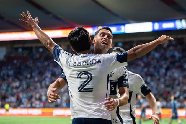 July 26, 2025, Vancouver, Bc, CANADA: Vancouver Whitecaps Mathias Laborda (2) celebrates his goal against Sporting Kansas City, with Daniel Rios (14) during the second half of an MLS, Fussball Herren, USA soccer match in Vancouver, on Saturday, July 26, 2025. Canada News - July 26, 2025 - ZUMAc35_ 20250726_zaf_c35_038 Copyright: xEthanxCairnsx