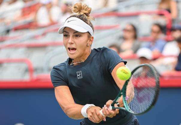 July 27, 2025, Montreal, Pq, Canada: Jaqueline Cristian, of Romania, plays a shot to Marina Stakusic, of Canada, during their first round match at the National Bank Open tennis tournament in Montreal, Sunday, July 27, 2025. Marina Stakusic, Jaqueline Cristian, - ZUMAc35_ 20250727_zaf_c35_003 Copyright: xGrahamxHughesx