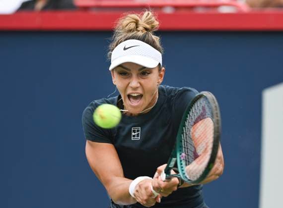 July 27, 2025, Montreal, Pq, Canada: Jaqueline Cristian, of Romania, plays a shot to Marina Stakusic, of Canada, during their first round match at the National Bank Open tennis tournament in Montreal, Sunday, July 27, 2025. Marina Stakusic, Jaqueline Cristian, - ZUMAc35_ 20250727_zaf_c35_011 Copyright: xGrahamxHughesx